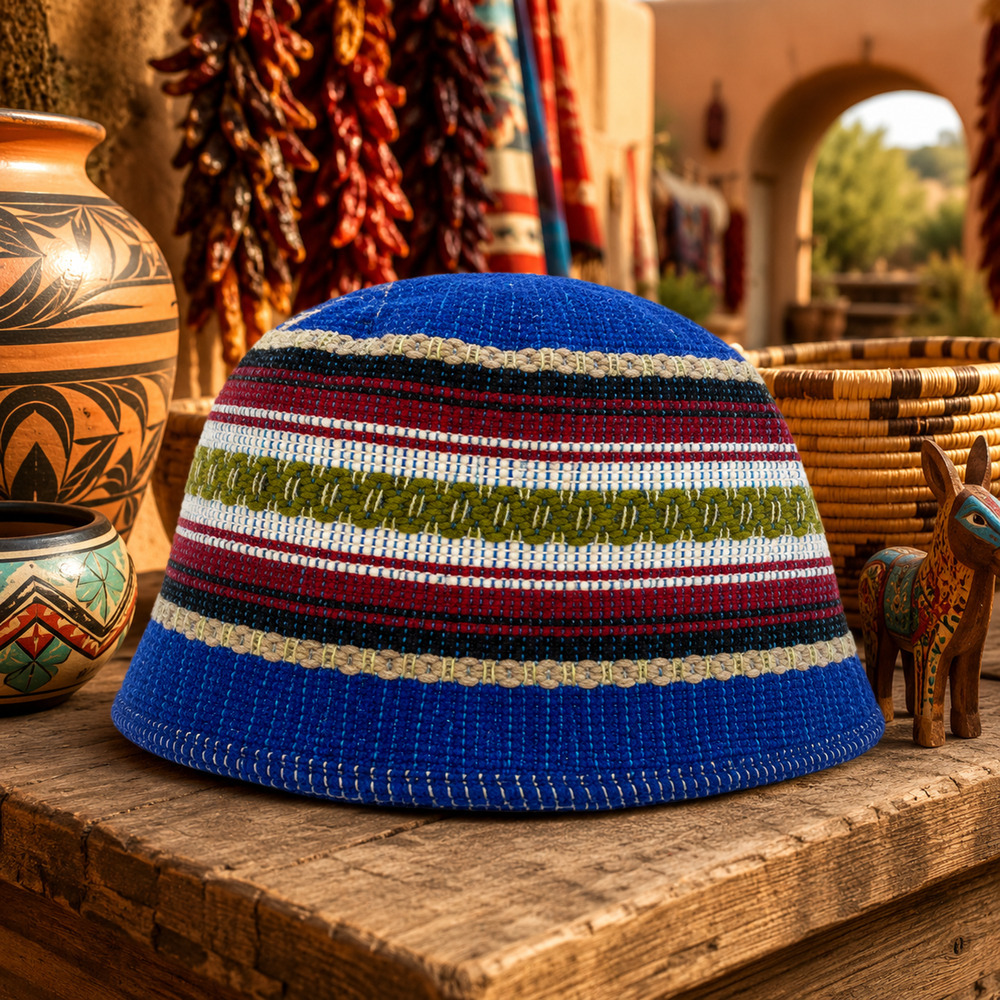 Vintage Guatemalan Woven Textile Pillbox Bucket Hat Artisan Handmade Blue Stripe